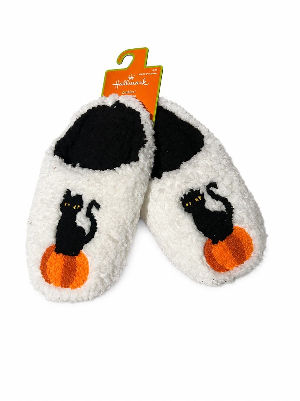 Hallmark Halloween Black Cat Pumpkin Sherpa Slippers Women’s S/M New
